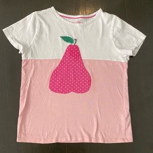 Pink and white tee shirt with a pear appliqué